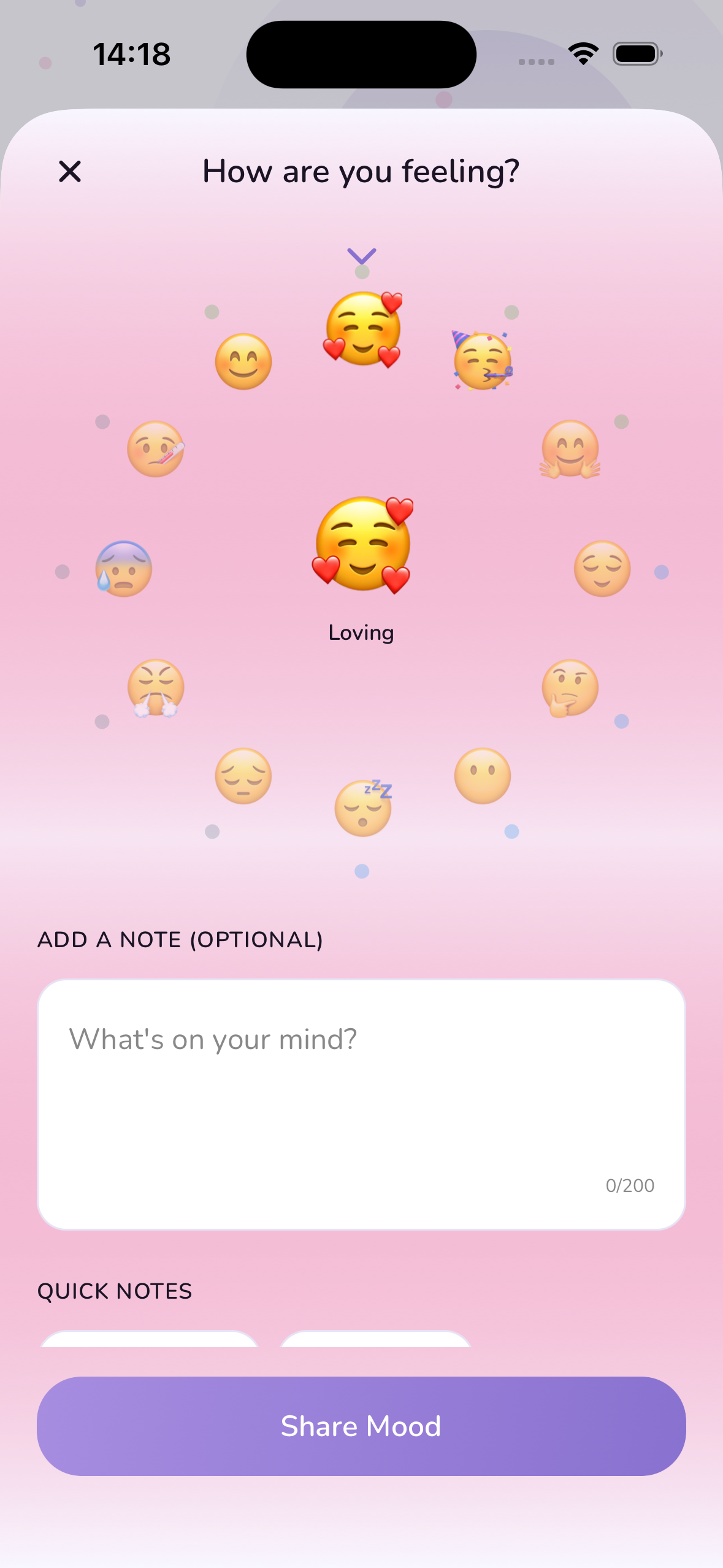 loqd mood sharing screen with emoji selection